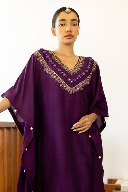 World of Sugandh_Purple Silk Embroidery V-neck Bahar Kaftan With Pant _Online_at_Aza_Fashions