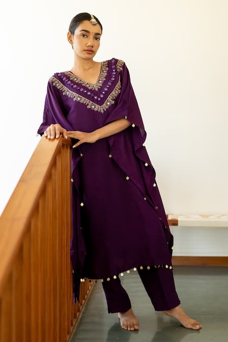 Shop_World of Sugandh_Purple Silk Embroidery V-neck Bahar Kaftan With Pant _Online_at_Aza_Fashions