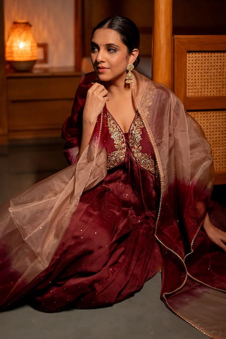 Buy_World of Sugandh_Wine Silk Sequins V-neck Flora Embroidered Anarkali Set _Online_at_Aza_Fashions