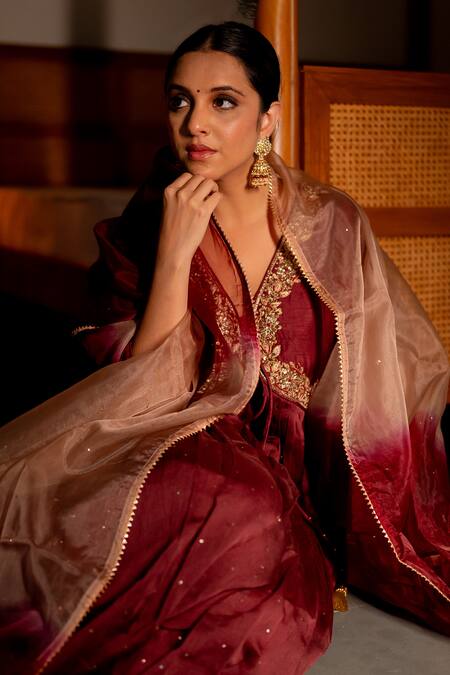 Shop_World of Sugandh_Wine Silk Sequins V-neck Flora Embroidered Anarkali Set _Online_at_Aza_Fashions