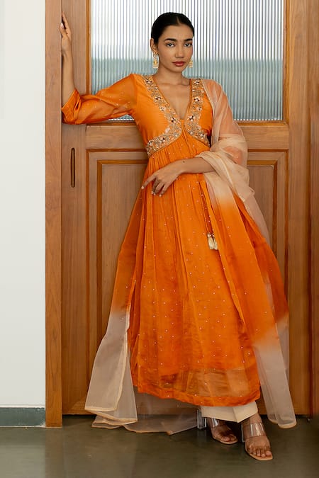 Sugandh Gupta Orange Dupion Silk Embroidery Sequin Fiore Vine V Neck Anarkali Set 