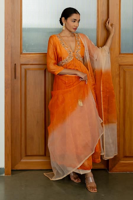 Shop World of Sugandh Orange Silk Sequins V-neck Fiore Vine Embroidered Anarkali Set at Aza Fashions Shop_World of Sugandh_Orange Silk Sequins V-neck Fiore Vine Embroidered Anarkali Set_at_Aza_Fashions