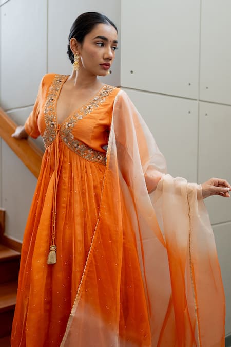 World of Sugandh Orange Silk Sequins V-neck Fiore Vine Embroidered Anarkali Set Online at Aza Fashions World of Sugandh_Orange Silk Sequins V-neck Fiore Vine Embroidered Anarkali Set_Online_at_Aza_Fashions