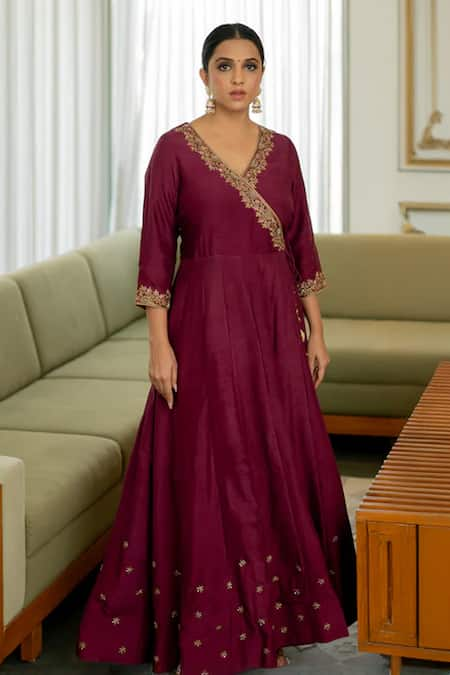 Sugandh Gupta Wine Dupion Silk Embroidery Fiore Bloom V Neck Angarkha Gown 