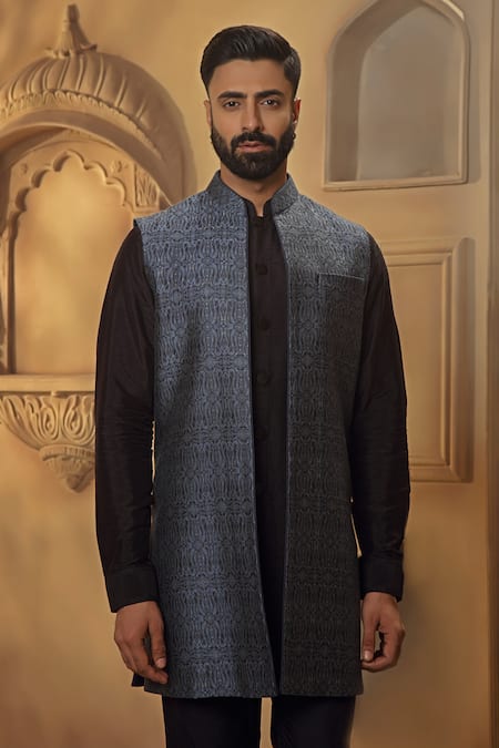 Buy_Vanshik_Blue Pashmina Silk Blend Woven Jamevar Bundi Kurta Set _Online_at_Aza_Fashions