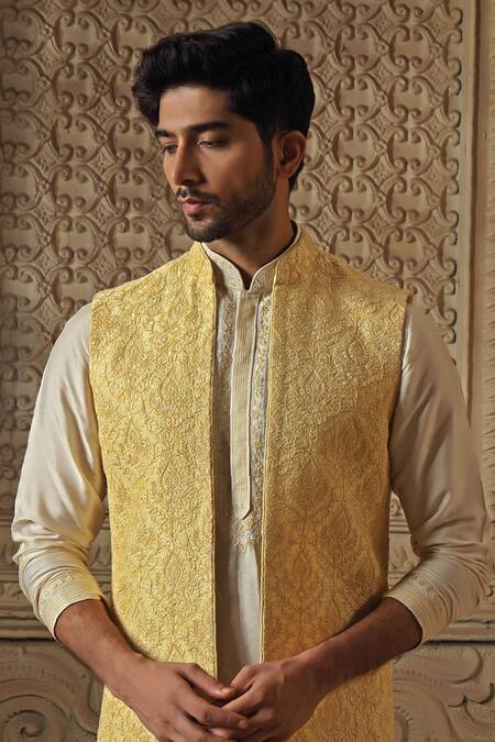 Vanshik_Yellow Raw Silk Embroidery Floral Jaal Bundi Set _Online_at_Aza_Fashions
