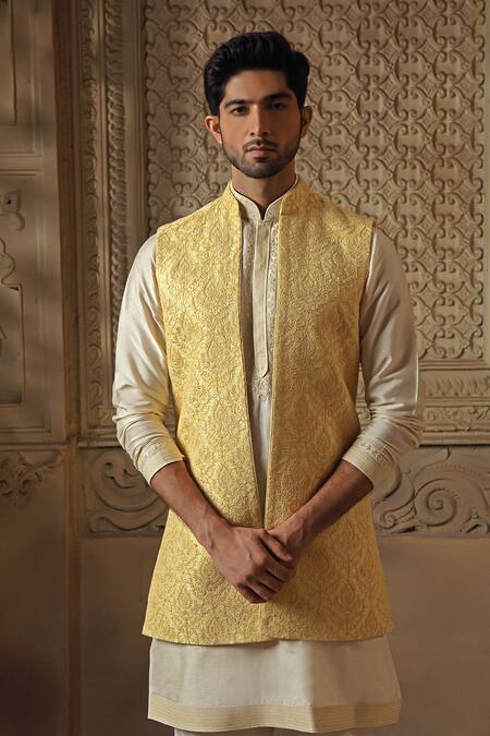 Buy_Vanshik_Yellow Raw Silk Embroidery Floral Jaal Bundi Set _Online_at_Aza_Fashions