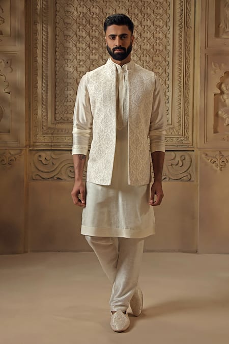 Vanshik White Raw Silk Embroidery Floral Jaal Tonal Bundi Kurta Set 