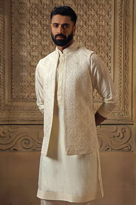 Buy_Vanshik_White Raw Silk Embroidery Floral Jaal Bundi Kurta Set _Online_at_Aza_Fashions