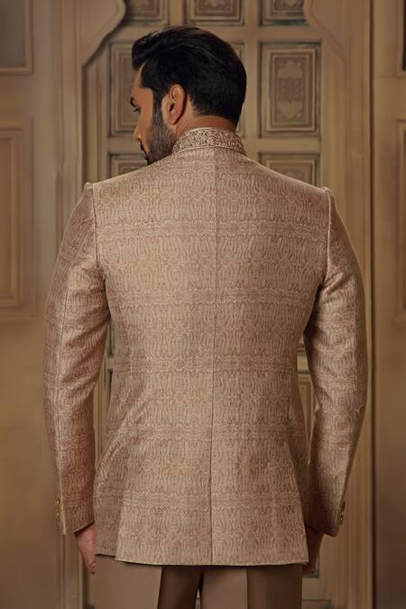 Shop Vanshik Beige Pashmina, Silk Embroidery Jamevar Pattern Bandhgala With Pant at Aza Fashions Shop_Vanshik_Beige Pashmina, Silk Embroidery Jamevar Pattern Bandhgala With Pant_at_Aza_Fashions