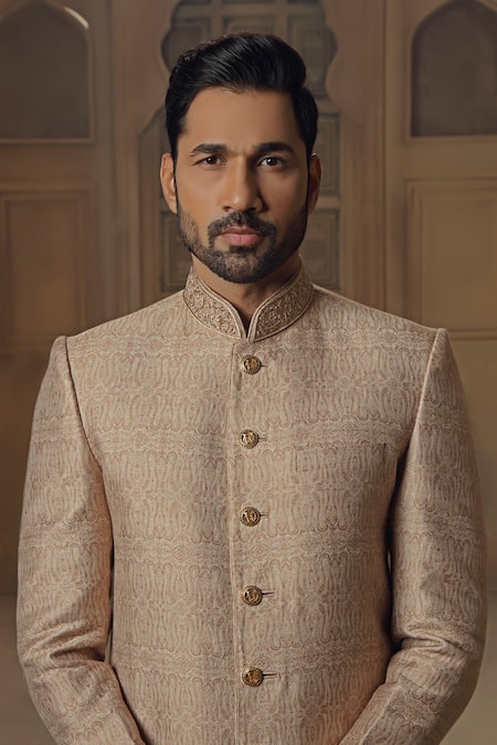 Vanshik Beige Pashmina, Silk Embroidery Jamevar Pattern Bandhgala With Pant Online at Aza Fashions Vanshik_Beige Pashmina, Silk Embroidery Jamevar Pattern Bandhgala With Pant_Online_at_Aza_Fashions