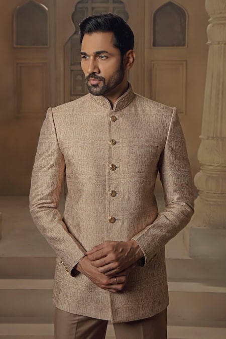 Buy Vanshik Beige Pashmina, Silk Embroidery Jamevar Pattern Bandhgala With Pant Online at Aza Fashions Buy_Vanshik_Beige Pashmina, Silk Embroidery Jamevar Pattern Bandhgala With Pant_Online_at_Aza_Fashions