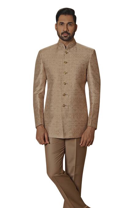 Shop Vanshik Beige Pashmina, Silk Embroidery Jamevar Pattern Bandhgala With Pant Online at Aza Fashions Shop_Vanshik_Beige Pashmina, Silk Embroidery Jamevar Pattern Bandhgala With Pant_Online_at_Aza_Fashions