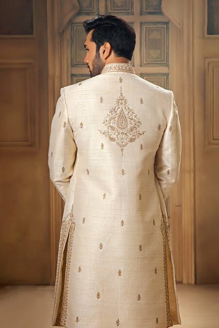 Shop_Vanshik_White Raw Silk Embroidery Butti Sherwani Pant Set _at_Aza_Fashions