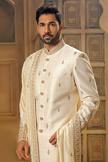 Buy_Vanshik_White Raw Silk Embroidery Butti Sherwani Pant Set _Online_at_Aza_Fashions