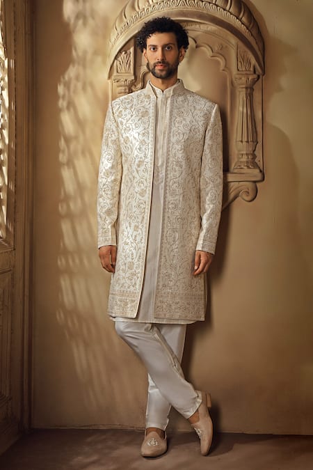 Vanshik Floral Vine Dori Embroidered Open Sherwani Pant Set 