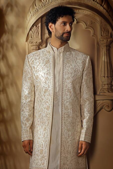Buy_Vanshik_Off White Spun Silk Embroidered Aari Floral Vine Dori Open Sherwani Pant Set _Online_at_Aza_Fashions