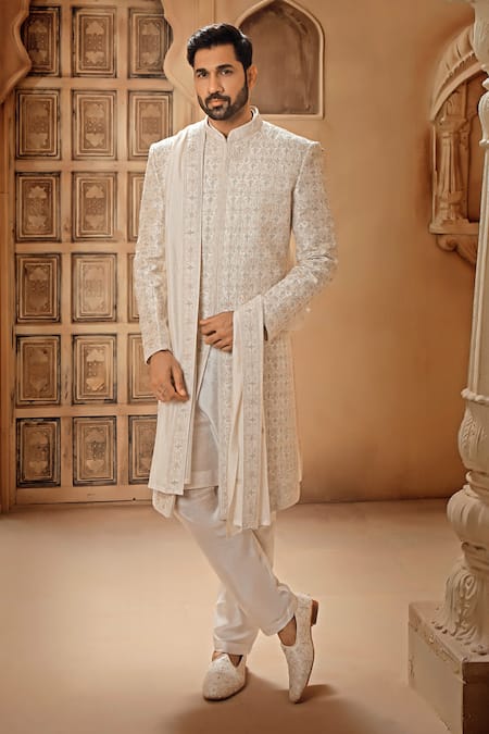 Vanshik Off White Raw Silk Embroidered Resham Botanic Sherwani Pant Set 