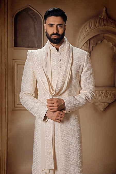 Buy Vanshik Off White Silk Embroidered Swarovski Floral Thread Sherwani Pant Set Online at Aza Fashions Buy_Vanshik_Off White Silk Embroidered Swarovski Floral Thread Sherwani Pant Set _Online_at_Aza_Fashions
