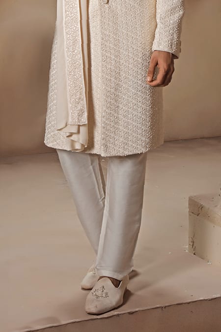 Shop Vanshik Off White Silk Embroidered Swarovski Floral Thread Sherwani Pant Set Online at Aza Fashions Shop_Vanshik_Off White Silk Embroidered Swarovski Floral Thread Sherwani Pant Set _Online_at_Aza_Fashions
