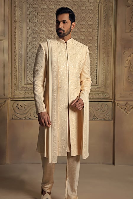 Vanshik Floral Jamewar Embroidered Sherwani Pyjama Set 