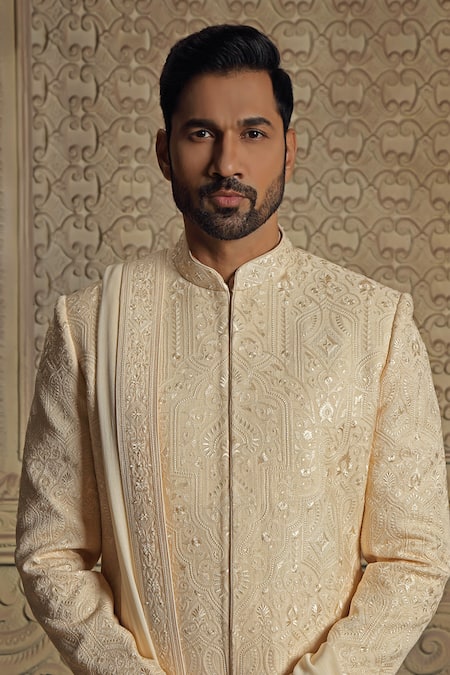 Vanshik_Beige , Satin Pearls, Embroidery Floral Jamewar Sherwani Pyjama Set _Online_at_Aza_Fashions