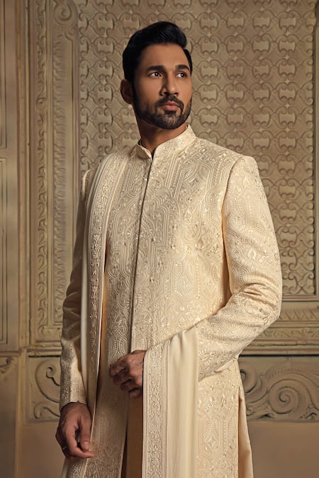 Buy_Vanshik_Beige , Satin Pearls, Embroidery Floral Jamewar Sherwani Pyjama Set _Online_at_Aza_Fashions