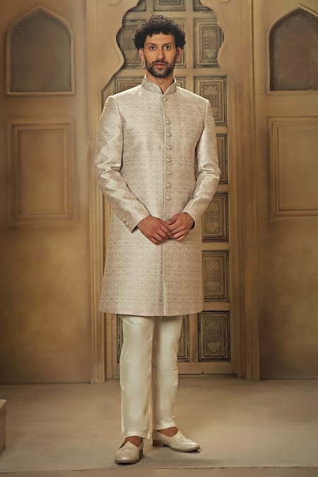 Vanshik Grey Pashmina Silk Blends Lining Viscose Floral Woven Sherwani With Pyjama 