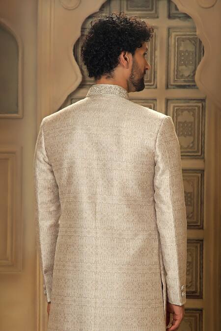 Shop Vanshik Grey Pashmina, Silk, Viscose, Satin Floral Jamewar Woven Sherwani With Pyjama at Aza Fashions Shop_Vanshik_Grey Pashmina, Silk, Viscose, Satin Floral Jamewar Woven Sherwani With Pyjama_at_Aza_Fashions