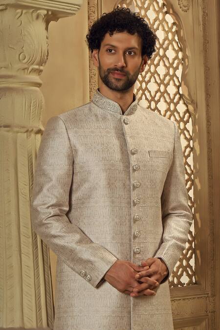 Vanshik Grey Pashmina, Silk, Viscose, Satin Floral Jamewar Woven Sherwani With Pyjama Online at Aza Fashions Vanshik_Grey Pashmina, Silk, Viscose, Satin Floral Jamewar Woven Sherwani With Pyjama_Online_at_Aza_Fashions