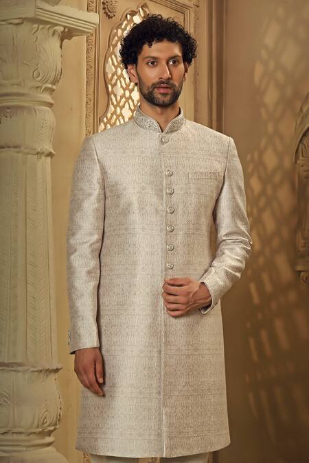 Buy Vanshik Grey Pashmina, Silk, Viscose, Satin Floral Jamewar Woven Sherwani With Pyjama Online at Aza Fashions Buy_Vanshik_Grey Pashmina, Silk, Viscose, Satin Floral Jamewar Woven Sherwani With Pyjama_Online_at_Aza_Fashions