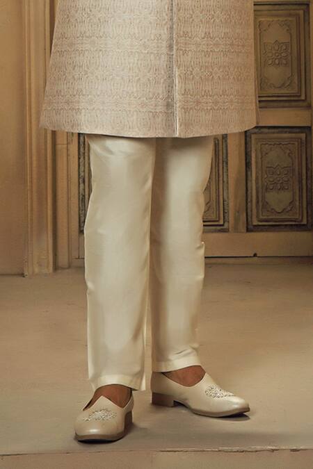 Shop Vanshik Grey Pashmina, Silk, Viscose, Satin Floral Jamewar Woven Sherwani With Pyjama Online at Aza Fashions Shop_Vanshik_Grey Pashmina, Silk, Viscose, Satin Floral Jamewar Woven Sherwani With Pyjama_Online_at_Aza_Fashions