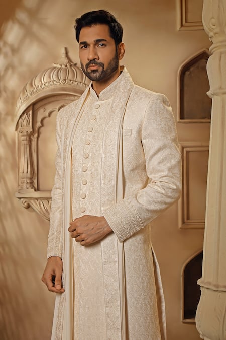 Vanshik_Off White Silk, Viscose Pearls, Beads, Floral Swirl Resham Sherwani Pant Set _Online_at_Aza_Fashions