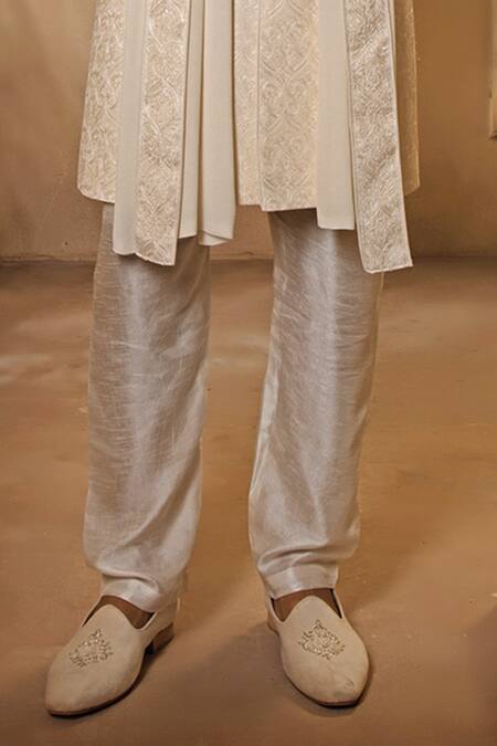 Buy_Vanshik_Off White Silk, Viscose Pearls, Beads, Floral Swirl Resham Sherwani Pant Set _Online_at_Aza_Fashions