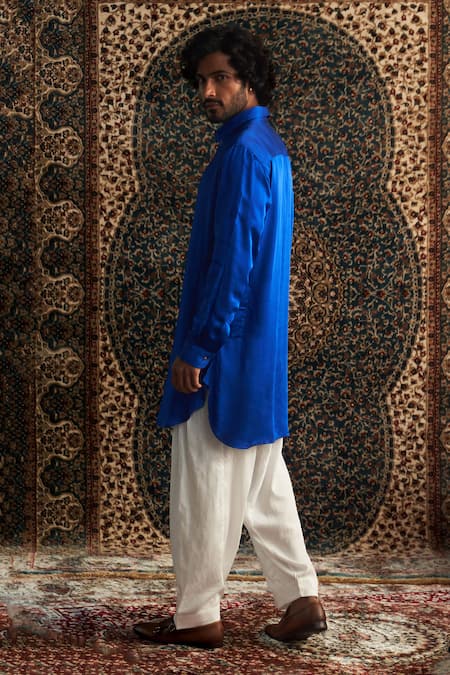 Shop Charkhee Blue Modal, Satin, , Thread Placket Embroidered Pathani Kurta Set at Aza Fashions Shop_Charkhee_Blue Modal, Satin, , Thread Placket Embroidered Pathani Kurta Set _at_Aza_Fashions