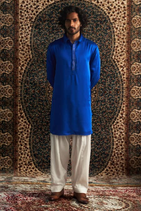 Charkhee Blue Modal, Satin, , Thread Placket Embroidered Pathani Kurta Set Online at Aza Fashions Charkhee_Blue Modal, Satin, , Thread Placket Embroidered Pathani Kurta Set _Online_at_Aza_Fashions
