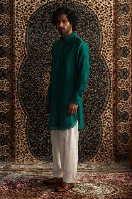 Charkhee_Emerald Green Chanderi, Voile, Cotton Placket Embroidered Pathani Kurta Set _Online_at_Aza_Fashions