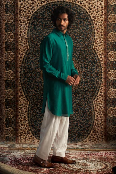Buy_Charkhee_Emerald Green Chanderi, Voile, Cotton Placket Embroidered Pathani Kurta Set _Online_at_Aza_Fashions