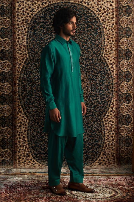 Buy_Charkhee_Emerald Green Chanderi, Voile, Cotton Satin Thread Placket Pathani Kurta Set _Online_at_Aza_Fashions