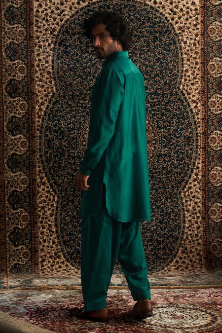 Shop_Charkhee_Emerald Green Chanderi, Voile, Cotton Satin Thread Placket Pathani Kurta Set _Online_at_Aza_Fashions