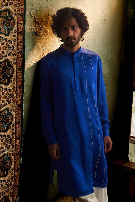 Charkhee Blue Modal, Satin, Poplin Zari Stripe Placement Embroidered Kurta Set Online at Aza Fashions Charkhee_Blue Modal, Satin, Poplin Zari Stripe Placement Embroidered Kurta Set _Online_at_Aza_Fashions