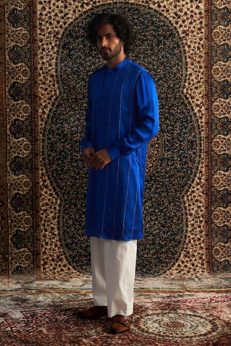 Buy Charkhee Blue Modal, Satin, Poplin Zari Stripe Placement Embroidered Kurta Set Online at Aza Fashions Buy_Charkhee_Blue Modal, Satin, Poplin Zari Stripe Placement Embroidered Kurta Set _Online_at_Aza_Fashions