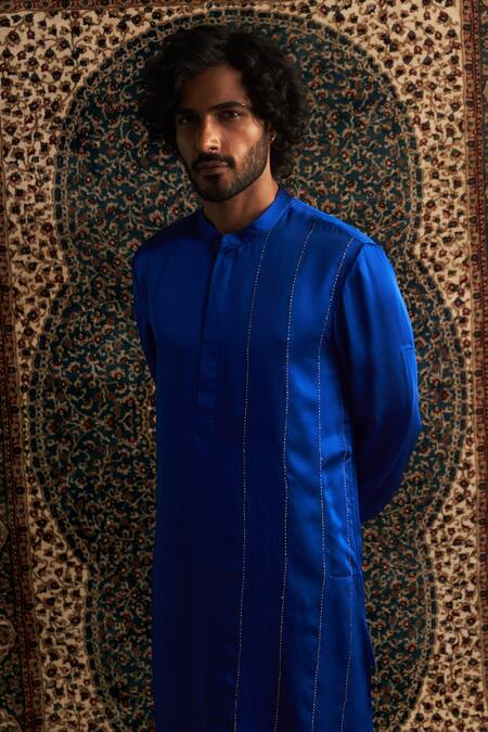 Shop Charkhee Blue Modal, Satin, Poplin Zari Stripe Placement Embroidered Kurta Set Online at Aza Fashions Shop_Charkhee_Blue Modal, Satin, Poplin Zari Stripe Placement Embroidered Kurta Set _Online_at_Aza_Fashions