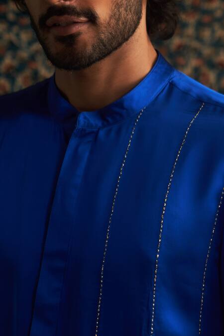 Charkhee Blue Modal, Satin, Poplin Zari Stripe Placement Embroidered Kurta Set at Aza Fashions Charkhee_Blue Modal, Satin, Poplin Zari Stripe Placement Embroidered Kurta Set _at_Aza_Fashions