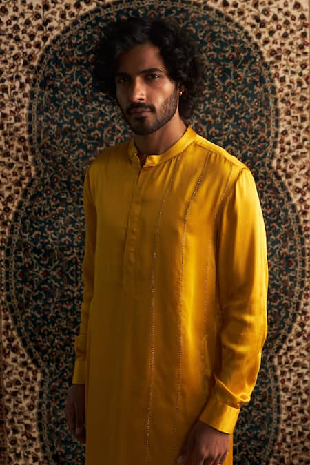 Charkhee Yellow Modal, Satin, Poplin Zari Thread Placement Embroidered Kurta Set Online at Aza Fashions Charkhee_Yellow Modal, Satin, Poplin Zari Thread Placement Embroidered Kurta Set _Online_at_Aza_Fashions