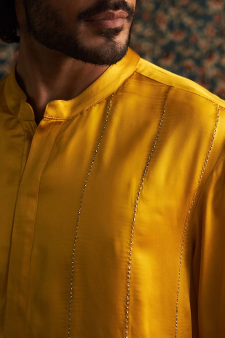 Charkhee Yellow Modal, Satin, Poplin Zari Thread Placement Embroidered Kurta Set at Aza Fashions Charkhee_Yellow Modal, Satin, Poplin Zari Thread Placement Embroidered Kurta Set _at_Aza_Fashions