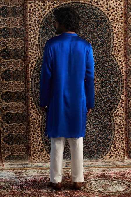 Shop Charkhee Blue Modal, Satin, Poplin Zari Geometric Placket Embroidered Kurta Set at Aza Fashions Shop_Charkhee_Blue Modal, Satin, Poplin Zari Geometric Placket Embroidered Kurta Set _at_Aza_Fashions