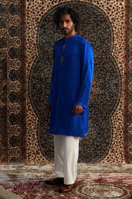 Charkhee Blue Modal, Satin, Poplin Zari Geometric Placket Embroidered Kurta Set Online at Aza Fashions Charkhee_Blue Modal, Satin, Poplin Zari Geometric Placket Embroidered Kurta Set _Online_at_Aza_Fashions