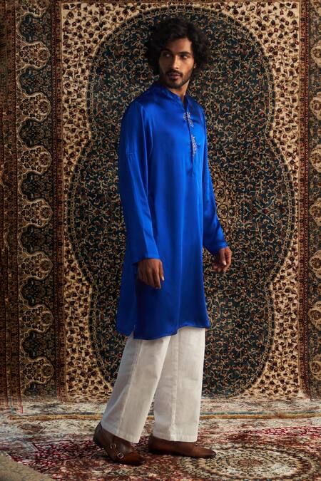 Buy Charkhee Blue Modal, Satin, Poplin Zari Geometric Placket Embroidered Kurta Set Online at Aza Fashions Buy_Charkhee_Blue Modal, Satin, Poplin Zari Geometric Placket Embroidered Kurta Set _Online_at_Aza_Fashions