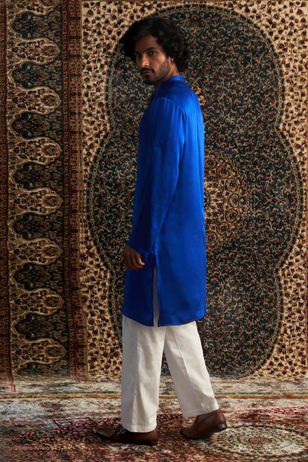 Shop Charkhee Blue Modal, Satin, Poplin Zari Geometric Placket Embroidered Kurta Set Online at Aza Fashions Shop_Charkhee_Blue Modal, Satin, Poplin Zari Geometric Placket Embroidered Kurta Set _Online_at_Aza_Fashions